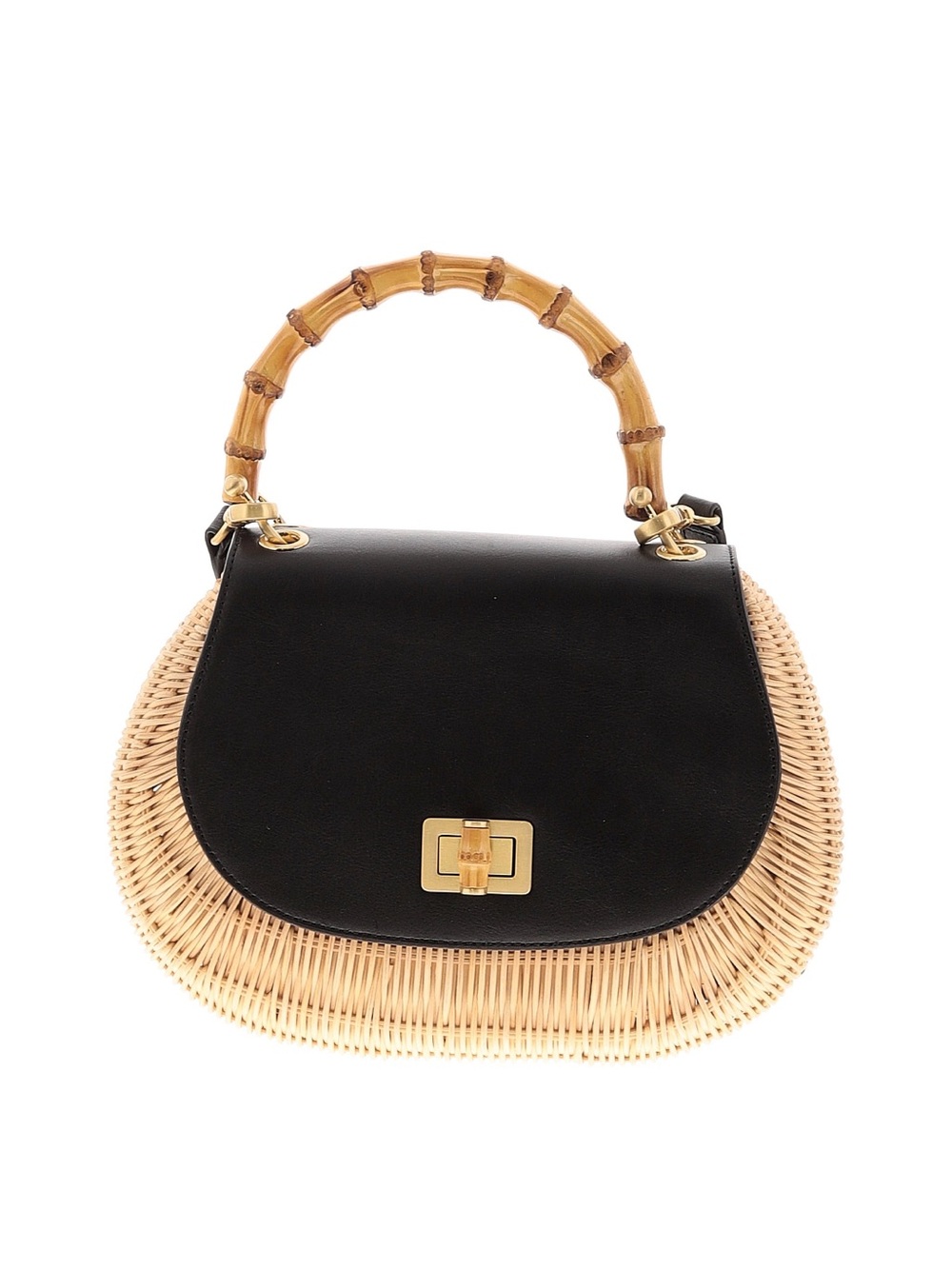 Talbots Rattan Wicker & Leather Black and Natural Bamboo Top-Handle Women’s Bag